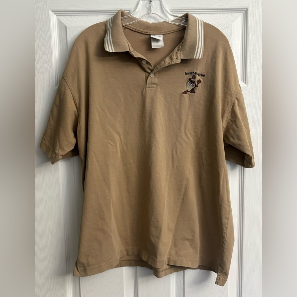 Vintage Warner Bros. Taz Polo “Approach at Own Risk”Size Large. Condition Issues